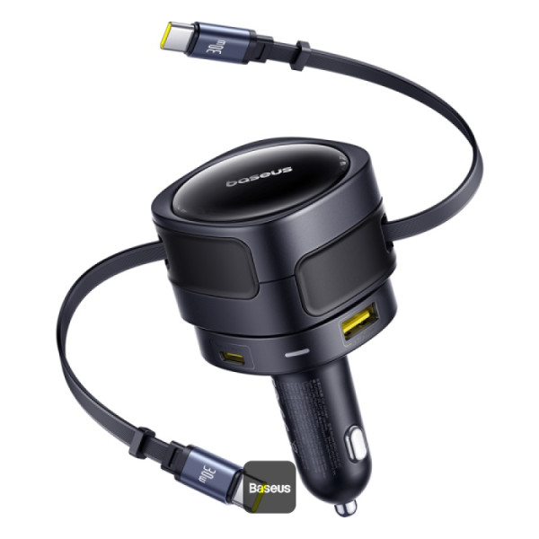 INCARCATOR auto Baseus Enjoyment Max, Quick Charge 90W, 1 x USB, cablu retractabil integrat 2 x USB Type-C, pt. bricheta auto, negru „C00035507121-03” (timbru verde 0.18 lei) – 6932172682606