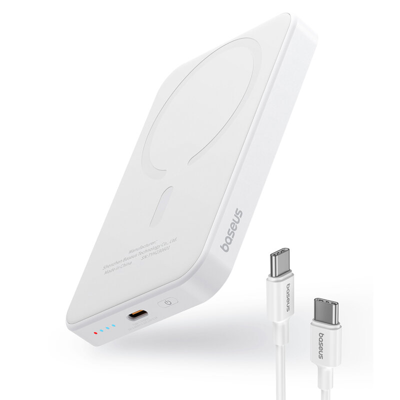 POWER BANK Baseus Magnetic Mini Wireless, 5000mAh, 20W, 2 x USB Type-C output/input, 15W wireless charging, include cablu USB Type-C la USB Type-C 30cm, alb, „P10022107223-00” (timbru verde 0.98 lei) – 6932172636210
