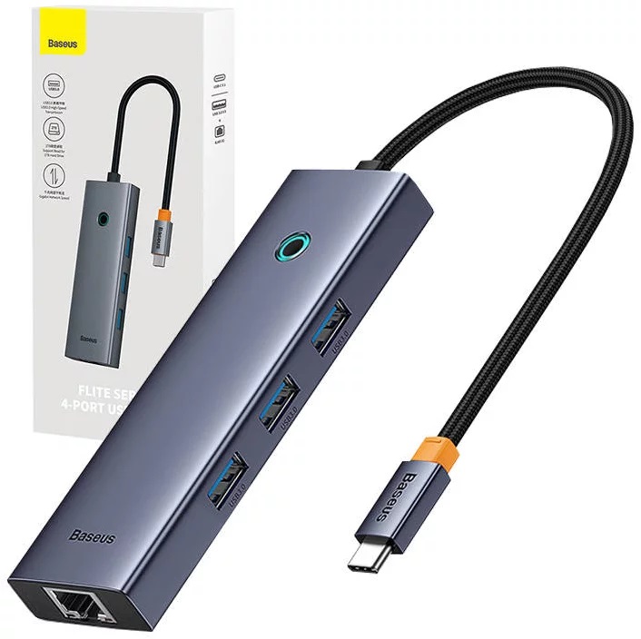 Baseus Multihub 4 porturi UltraJoy Type-C la 3 x USB 3.0 /1 x LAN+RJ45 Gri