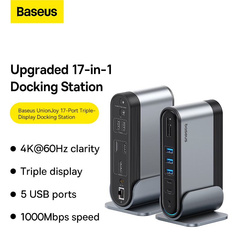 DOCKING Station Baseus UnionJoy 17-Port, conectare PC USB-C, 2xHDMI4K/60Hz, 1xDP4K@60Hz, 3xUSB3.0, 2xUSB Type-C, 2xUSB, 1xPD, 1xRJ45, 1xcard reader SD/TF, 1xjack 3.5mm, 1xDC, gri „B00532304811-00” (timbru verde 0.18 lei) – 6953156205932