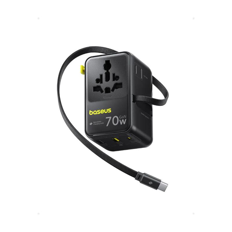 INCARCATOR retea Baseus EnerCore CG11, 70W, adaptor universal de retea, 2 x AC, 2 x USB, 2 x USB Type-C, cablu retractabil USB Type-C, negru „E0307E00” (include TV 0.18lei) – 6932172696474