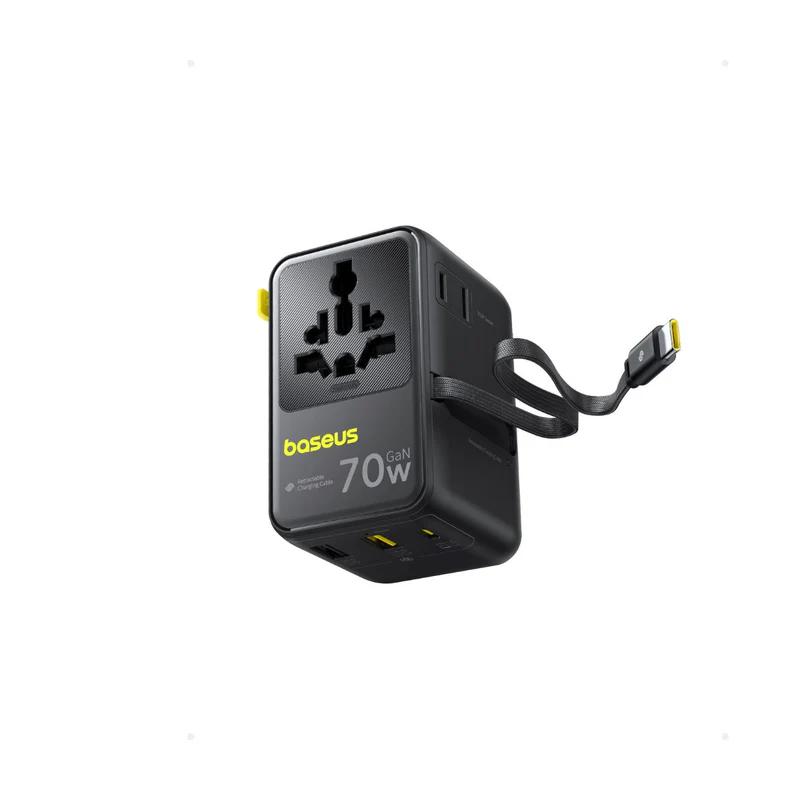 INCARCATOR retea Baseus EnerCore CG11, 70W, adaptor universal de retea, 2 x AC, 2 x USB, 2 x USB Type-C, cablu retractabil USB Type-C, negru "E0307E00" (include TV 0.18lei) - 6932172696474 - imagine 2