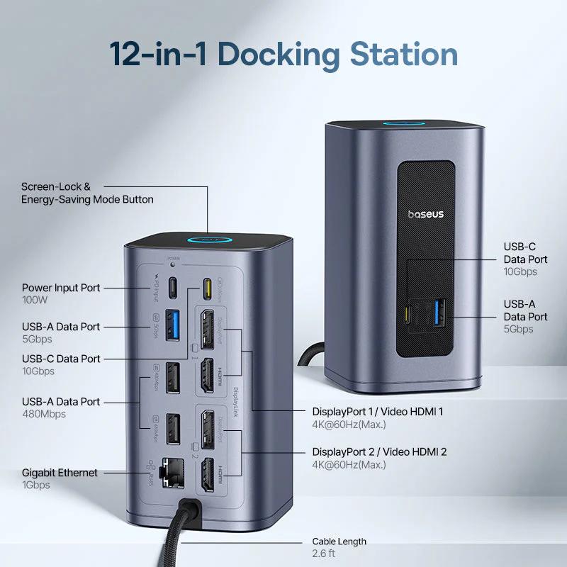 DOCKING Station Baseus Nomos NU1 Air Spacemate 12-in-1, conectare PC USB-C, 2xHDMI 2K@60,2xDP2K@60,2xUSB-C (10Gbps),2xUSB-A 5Gb,2xUSB-A,RJ45,PD 100W, gri "B0114400" (timbru verde 0.18 lei) - 6953156210981 - imagine 4