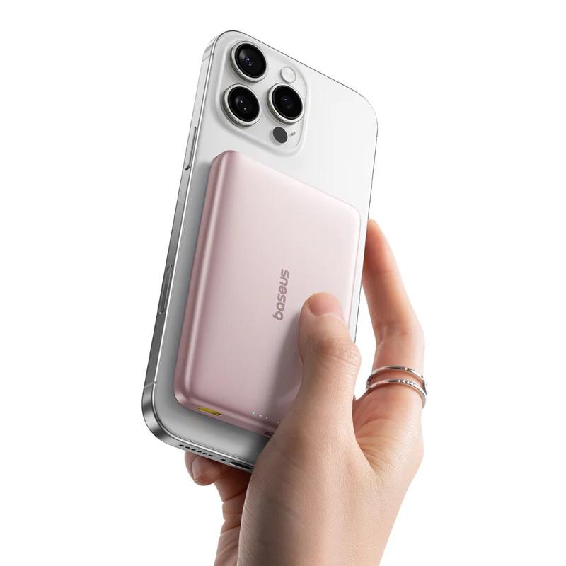 POWER BANK Baseus PicoGo AM41 Ultra-Slim Qi2, 10000mAh, 27W, prindere magnetica incarcare wireless 15W, 1 x USB Type-C, include cablu USB Type-C la USB Type-C 30cm, roz, "E0027202" (timbru verde 0.98 lei) - 6932172691691 - imagine 3