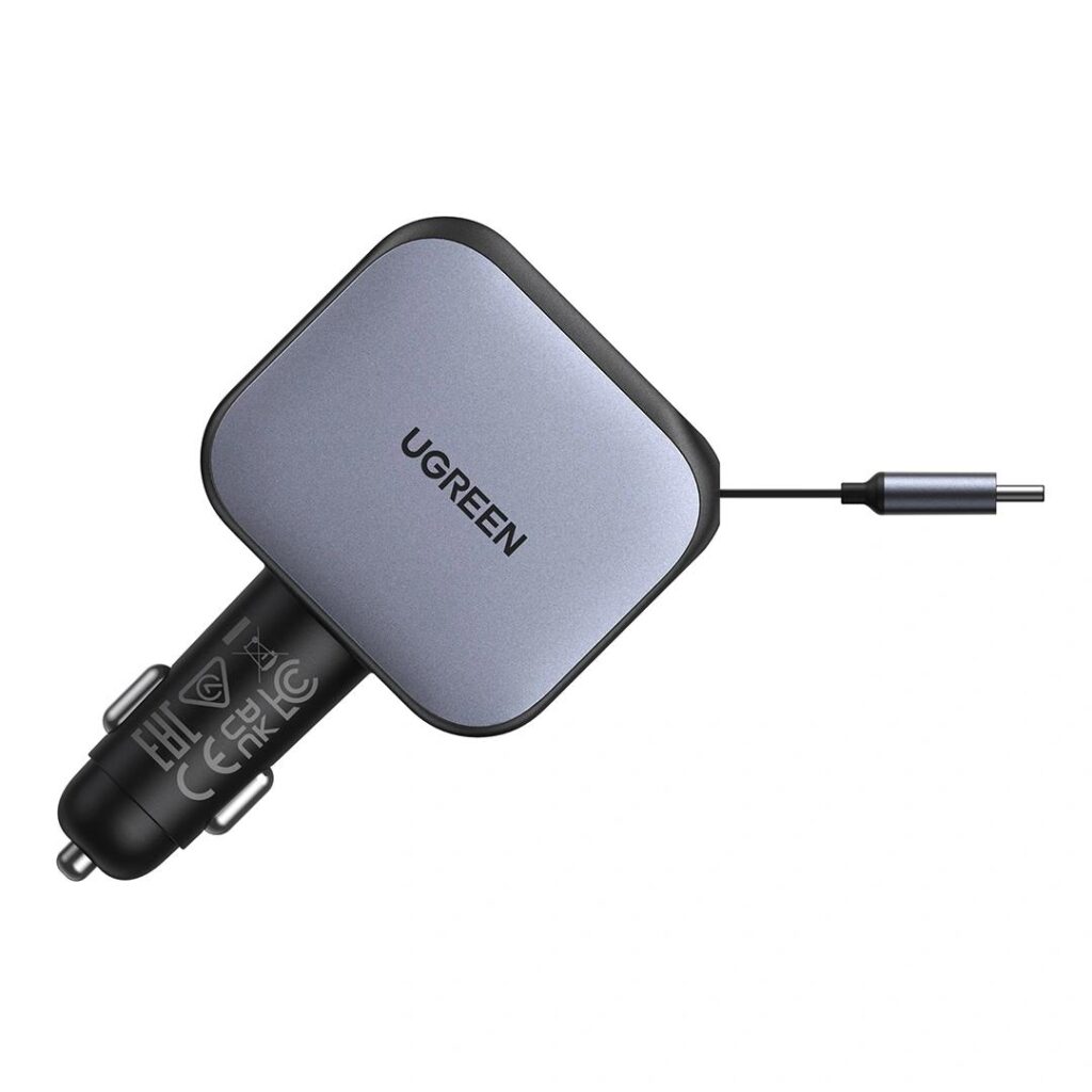 INCARCATOR auto Ugreen, „EC604” 1 x USB, 2 x USB Type-C, include cablu retractabil 0.7m USB Type-C, total output 145W, pt. bricheta auto, gri „55910B” (timbru verde 0.8 lei)
