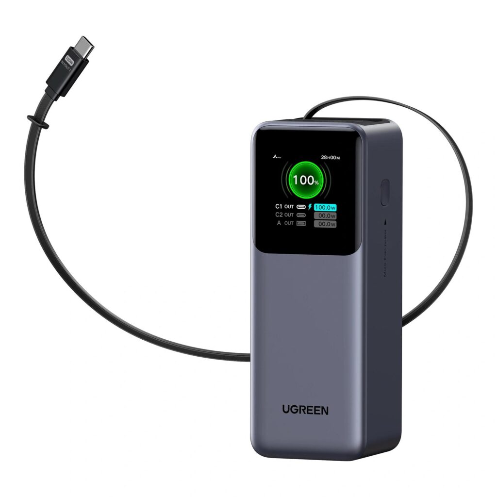 POWER BANK Ugreen „PB726”, 20000mAh, 165W PD3.0 , 1 x USB, 2 x USB Type-C, 1 x USB Type-C cablu integrat, display, gri, „55987B” (timbru verde 0.98 lei)