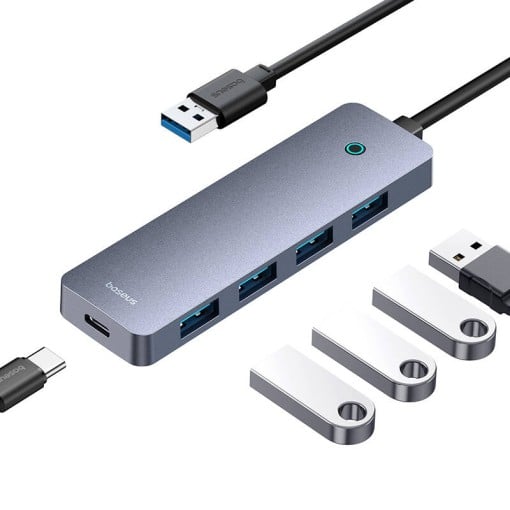 HUB extern Baseus UltraJoy 4 in 1, input USB, output USB Type-C, USB3.0 x 4, lungime cablu 100 cm, gri „B0005280B811-02” (timbru verde 0.18 lei) – 6932172653224