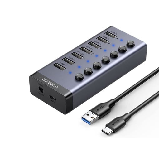 HUB extern Ugreen, „CM481” porturi USB: USB 3.0 x 7, conectare prin USB Type-C, alimentare separata, aluminiu, lungime 15 cm, gri, „90307” (timbru verde 0.8 lei)