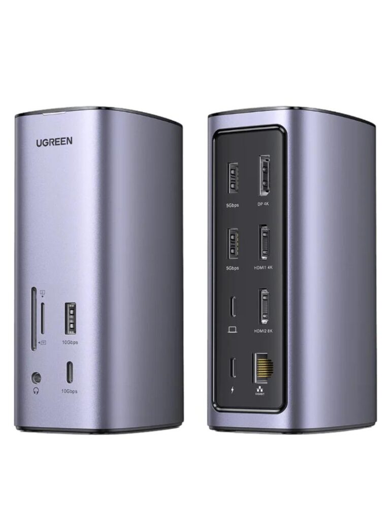 DOCKING Station Ugreen, „CM555” conectare PC USB Type-C, 1 x jack 3.5mm, SD/microSD Card Slot, 1 x DP Port 4K@60Hz, 1 x RJ-45 Gigabyte, 2 x HDMI 4K, 1 x USB Type-C PD 100W, 2 × USB-A 3.2 Gen 1, aluminiu, gri „90325” (timbru verde 0.8 lei) – 69573038