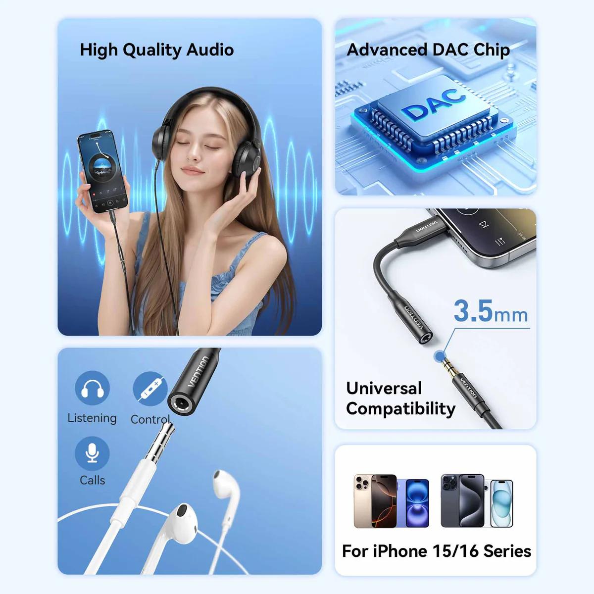 Adaptor audio Vention, USB-C (T) la Jack 3.5mm (M), 0.1m, PVC, negru, "BIIBA" (timbru verde 0.08 lei) -6922794792692 - imagine 3