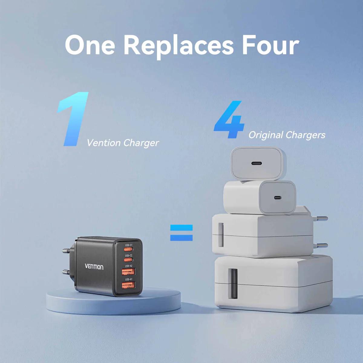 Alimentator retea Vention, 30W, 2 x USB-C (30W/20W), 2 x USB-A (18W/18W), GaN, Fast Charge, negru, "FCHB0-EU" (timbru verde 0.08 lei) -6922794793156 - imagine 5