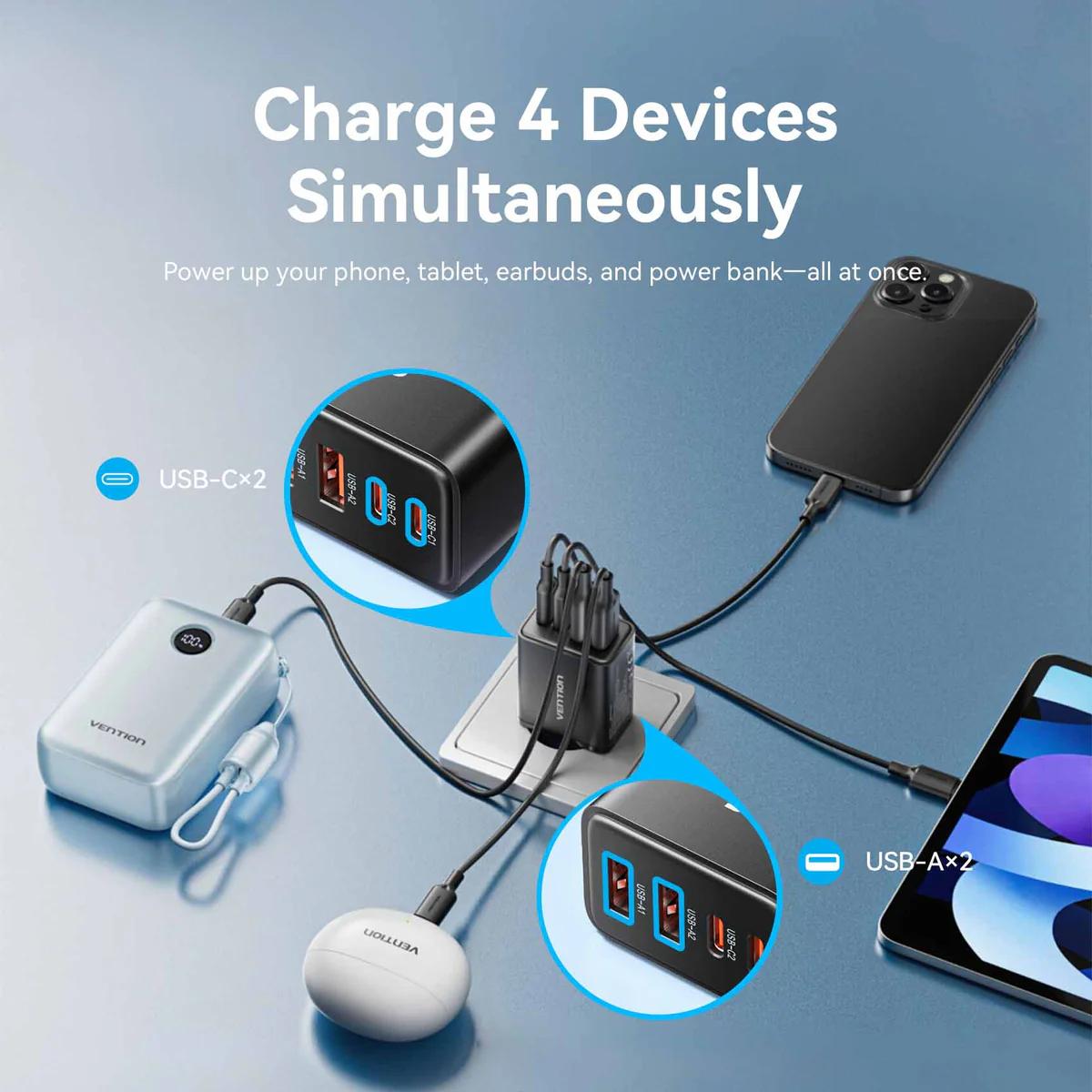 Alimentator retea Vention, 30W, 2 x USB-C (30W/20W), 2 x USB-A (18W/18W), GaN, Fast Charge, alb, "FCHW0-EU" (timbru verde 0.08 lei) -6922794793163 - imagine 5