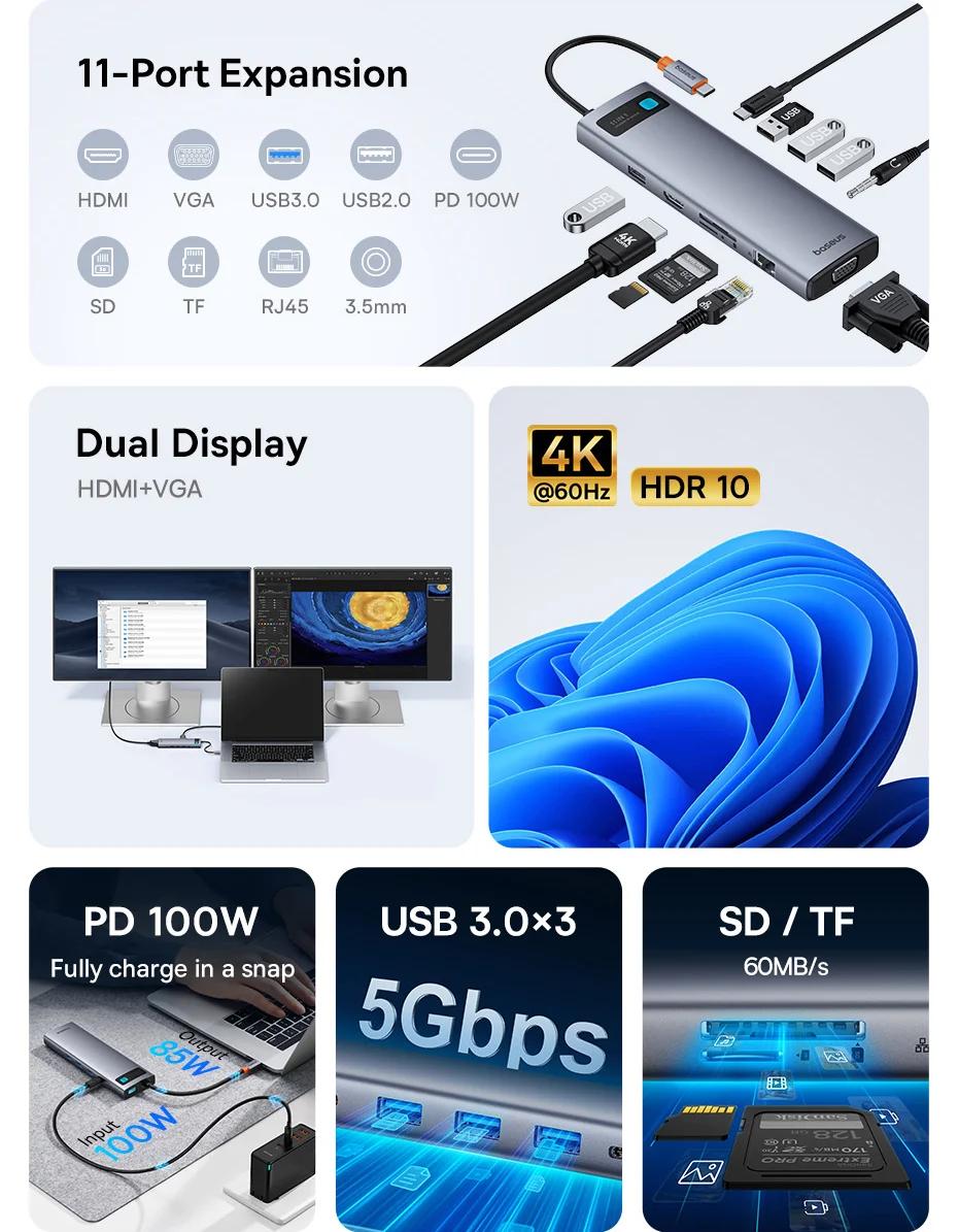 DOCKING Station Baseus Metal Gleam Series 11-in-1, conectare PC USB-C,Type-C to HDMI4K@60Hzx1+VGAx1,USB3.0x3,USB2.0x1+PDx1,RJ45x1,SD/TFx1,jack 3.5x1, gri "B00030709811-00" (timbru verde 0.18 lei) - 6932172636562 - imagine 4