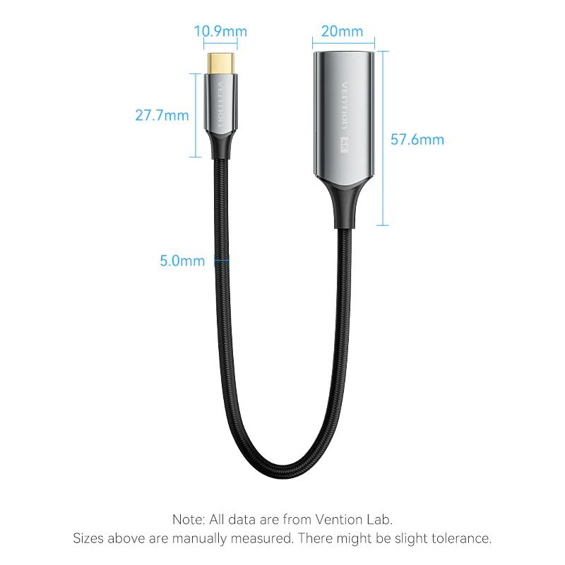 Adaptor video Vention, USB-C (T) la HDMI (M), 0.25m, rezolutie 4K la 60Hz, conectori auriti, gri, "CREBC" (timbru verde 0.08 lei) - 6922794776968 - imagine 2