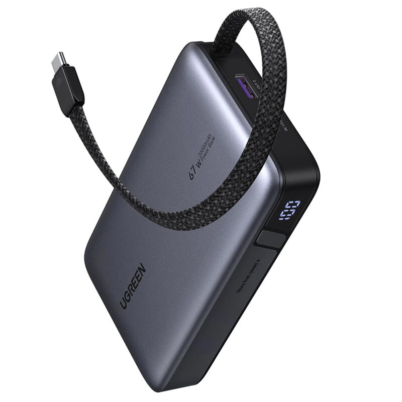 POWER BANK Ugreen „PB550”, 20000mAh, 67W PD3.0, 1 x USB, 1 x USB Type-C, 1 x USB Type-C integrat, display, gri, „55996B” (timbru verde 0.98 lei)
