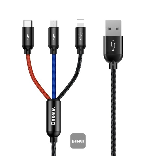 CABLU alimentare si date Baseus Three Primary Colors, pt. smartphone, USB la Micro-USB+Lightning+USB Type-C 3.5A, 1.2m, negru „CAMLT-BSY01” (timbru verde 0.18 lei) – 6953156273948