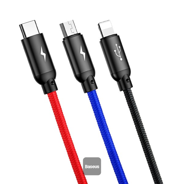 CABLU alimentare si date Baseus Three Primary Colors, pt. smartphone, USB la Micro-USB+Lightning+USB Type-C 3.5A, 1.2m, negru "CAMLT-BSY01" (timbru verde 0.18 lei) - 6953156273948 - imagine 2