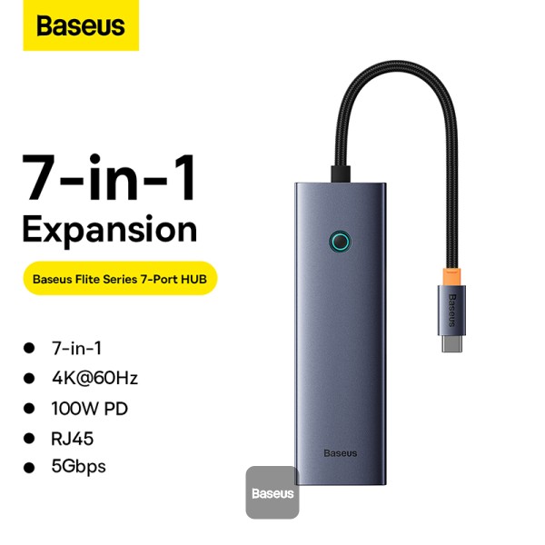 DOCKING STATION Baseus UltraJoy 7 in 1, input USB Type-C, output HDMI4K@60Hz x 1, USB3.0 x 2, PD x 1, card reader SD/micro SD x 1, RJ45 x 1, gri "B00052805813-00" (timbru verde 0.18 lei) - 6932172630744 - imagine 3