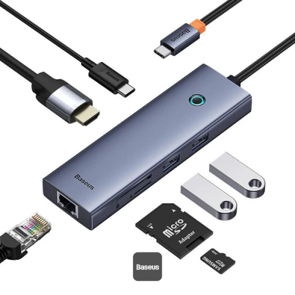 DOCKING STATION Baseus UltraJoy 7 in 1, input USB Type-C, output HDMI4K@60Hz x 1, USB3.0 x 2, PD x 1, card reader SD/micro SD x 1, RJ45 x 1, gri „B00052805813-00” (timbru verde 0.18 lei) – 6932172630744