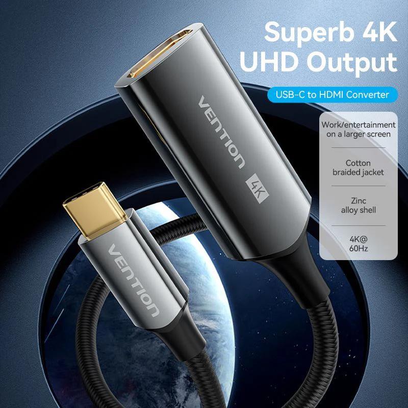 Adaptor video Vention, USB-C (T) la HDMI (M), 0.25m, rezolutie 4K la 60Hz, conectori auriti, gri, "CREBC" (timbru verde 0.08 lei) - 6922794776968 - imagine 3
