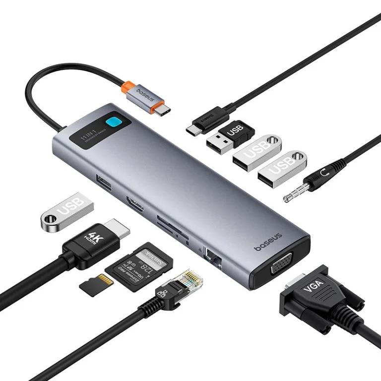 DOCKING Station Baseus Metal Gleam Series 11-in-1, conectare PC USB-C,Type-C to HDMI4K@60Hzx1+VGAx1,USB3.0x3,USB2.0x1+PDx1,RJ45x1,SD/TFx1,jack 3.5x1, gri "B00030709811-00" (timbru verde 0.18 lei) - 6932172636562 - imagine 3