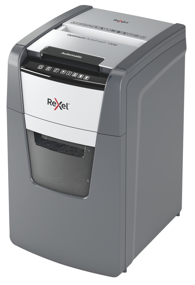 Distrugator automat documente Rexel OPTIMUM 130M , 130 coli, P5, micro-cut (tip particule), cos 44 litri, negru-gri, "2020130MEU" (timbru verde 40 lei)