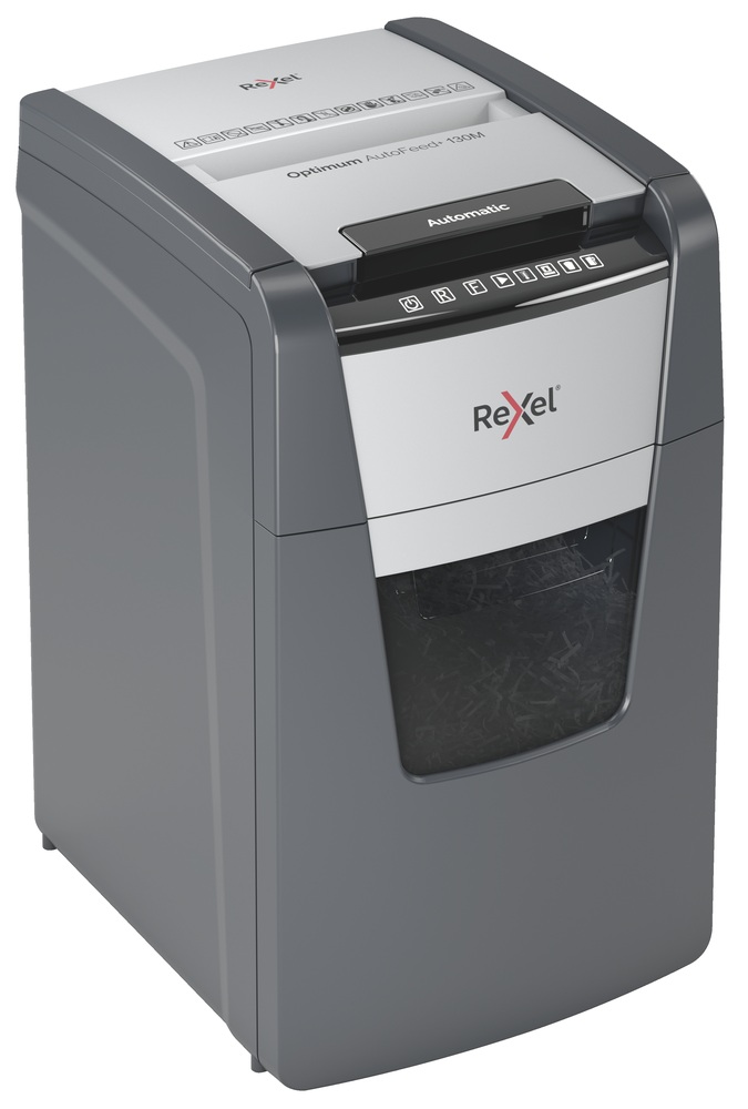 Distrugator automat documente Rexel OPTIMUM 130M , 130 coli, P5, micro-cut (tip particule), cos 44 litri, negru-gri, "2020130MEU" (timbru verde 40 lei) - imagine 3