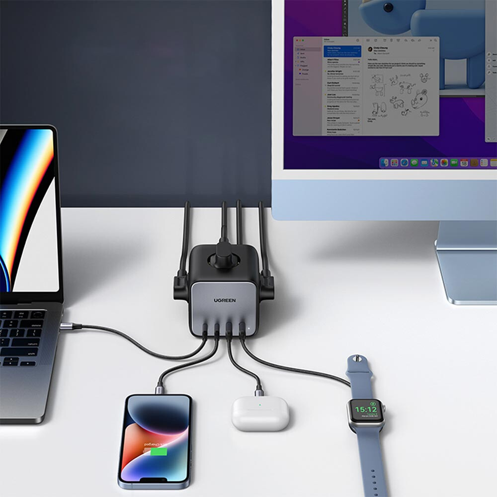 INCARCATOR RETEA Ugreen, "CD268", Powerstrip, Quick Charge 65W, 3 x AC, 2 x USB Type-C Output 5V/3A, 2 x USB, include cablu lungime 1.8m, gri "60113" (timbru verde 0.18 lei) - 6957303861132 - imagine 5