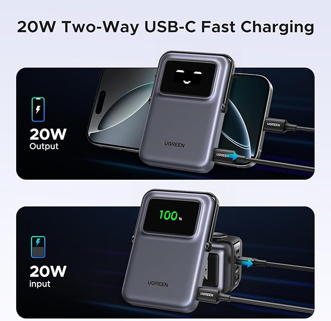 POWER BANK Ugreen "PB764", 10000mAh, 20W, prindere magnetica, wireless charging: Qi 2 15W max, 1 x USB Type-C input/output, gri "45329" (timbru verde 0.98 lei) - imagine 5