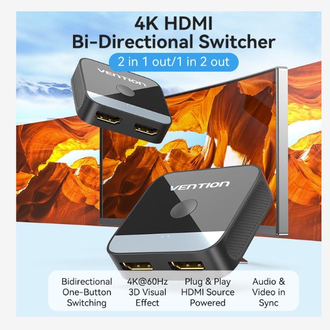 Switch video Vention, HDMI(M) la 2 x HDMI(M), rezolutie maxima 4K la 60Hz, conectori auriti, dublu sens, invelis acrilic si ABS, negru, "AKOB0" (timbru verde 0.18lei) - 6922794769076 - imagine 4