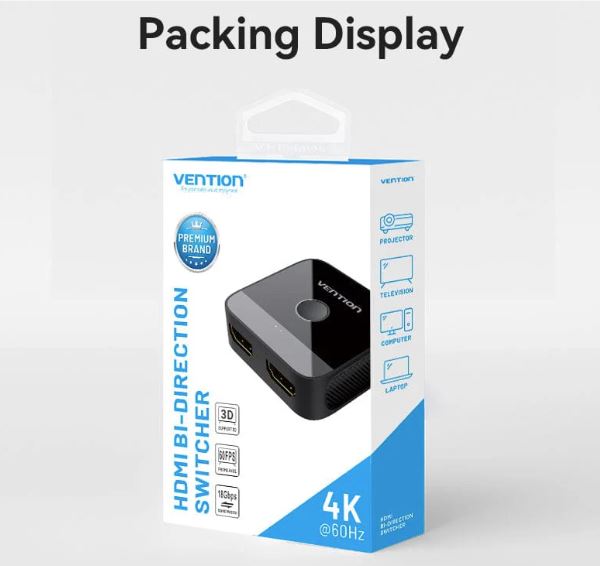 Switch video Vention, HDMI(M) la 2 x HDMI(M), rezolutie maxima 4K la 60Hz, conectori auriti, dublu sens, invelis acrilic si ABS, negru, "AKOB0" (timbru verde 0.18lei) - 6922794769076 - imagine 5