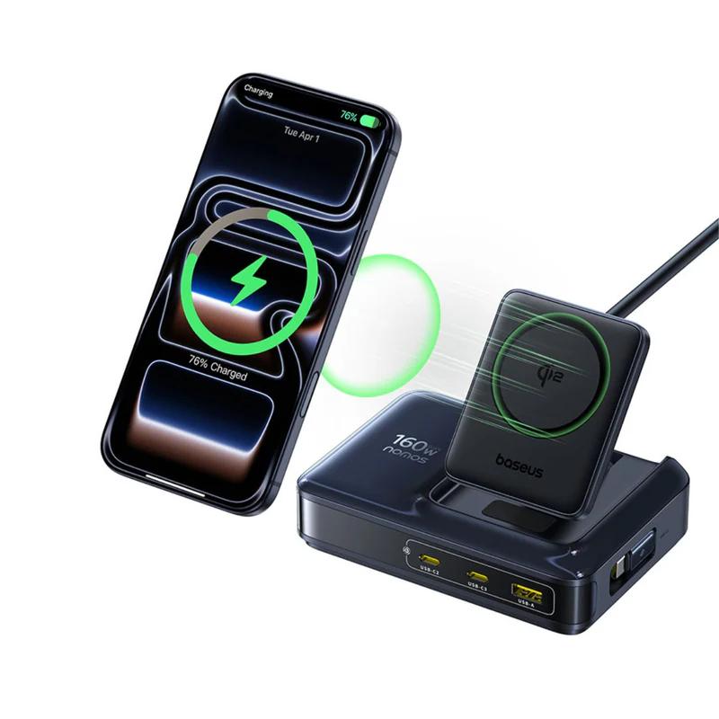 INCARCATOR retea Baseus Nomos NH21 5-in-1, 160W, Qi2 Wireless, 1 x USB, 3 x USB Type-C, cablu retractabil USB Type-C, negru "E0121700" (include TV 0.18lei) - 6953156211834 - imagine 2