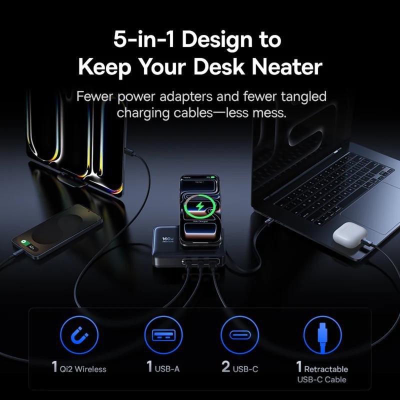 INCARCATOR retea Baseus Nomos NH21 5-in-1, 160W, Qi2 Wireless, 1 x USB, 3 x USB Type-C, cablu retractabil USB Type-C, negru "E0121700" (include TV 0.18lei) - 6953156211834 - imagine 5