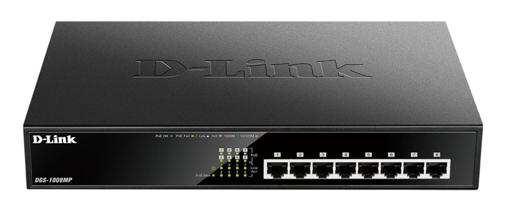 SWITCH PoE D-LINK  8 porturi Gigabit (8 PoE+), IEEE 802.3af/at, carcasa metalica, rackabil, „DGS-1008MP”(timbru verde 2 lei)