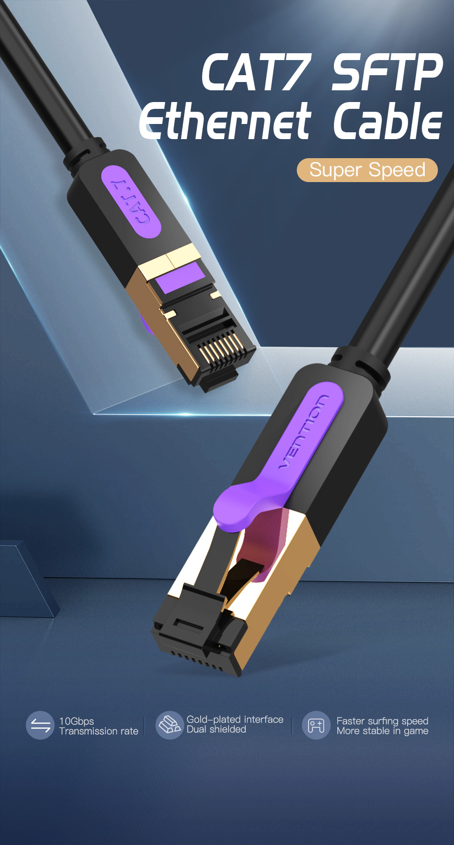 Patch cord SFTP Vention, Cat. 7, RJ-45 (T) la RJ-45 (T), 1m, AWG 28, 10Gbps, ecranat, conectori auriti, negru, "ICDBF" (timbru verde 0.08 lei) - 6922794741775 - imagine 2