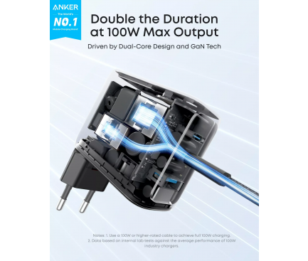 Alimentator retea Anker, 100W, fast charge, display interactiv, 2 x USB-C, 1 x USB-A, gri, „B121BGZ1” (timbru verde 0.18 lei) – 0194644291747