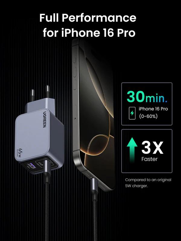 INCARCATOR retea Ugreen GaN Nexode "X755" Quick Charge 65W, 2 x USB Type-C, 1 x USB, include cablu USB Type-C la USB Type-C 1.5m, gri "25871" (timbru verde 0.18 lei) - imagine 2