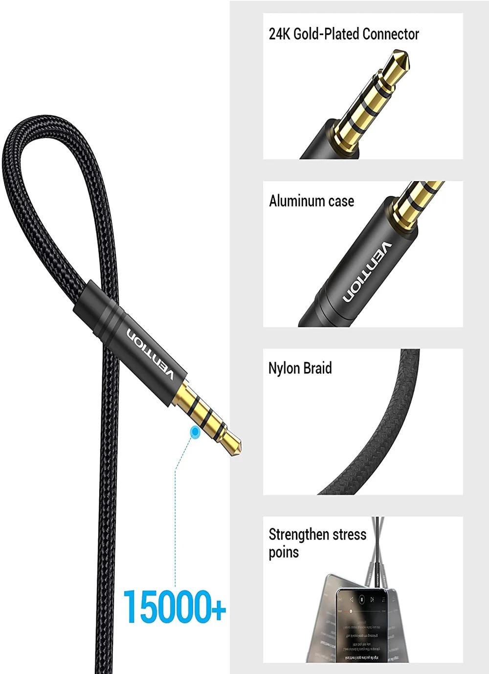 Cablu audio prelungitor Vention, Jack 3.5mm (T) la Jack 3.5mm (M), 5m, negru "BHBBJ" (timbru verde 0.08 lei) - imagine 3