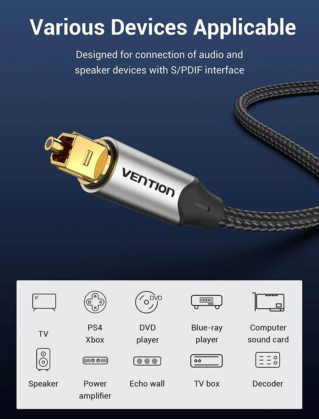 Cablu optic audio Vention, S/PDIF (T) la S/PDIF (T), 5.1 canale, 1.5m, conectori auriti, gri, "BAVHG" (timbru verde 0.08 lei) - imagine 3
