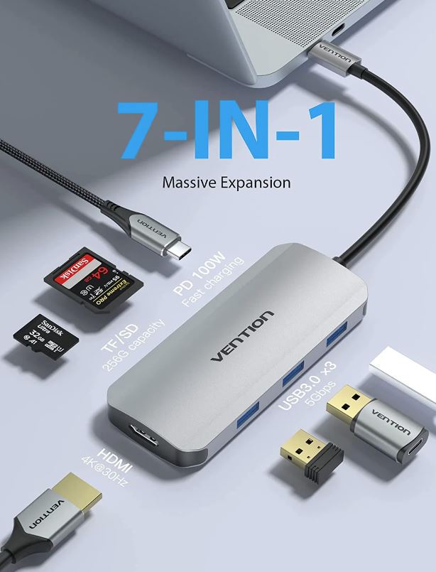 Docking Station Vention,HDMI(M), 3xUSB 3.2 gen1,PD 100W,SD/TF dual card slot,conec prin USB-C(T),transf 5 Gbps,aliaj Al si ABS,1 Gbit,4K/30Hz,argintiu "TOJHB" (timbru verde 0.18 lei)-6922794756816 - imagine 3