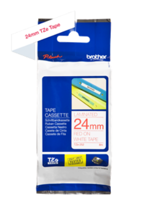 Banda laminata Original Brother Red on White, TZE252, pentru D600|E500|E550|H500|P700|P710|P750|330|350|520|540|580|1400|1500|1600|1650|2200|2210|2300|2310|2400|2410|2430|2500|2600|2610|2700|2710|2730|2730|7500|7600, 24mm, incl.TV 0 RON, "TZE252" - imagine 2
