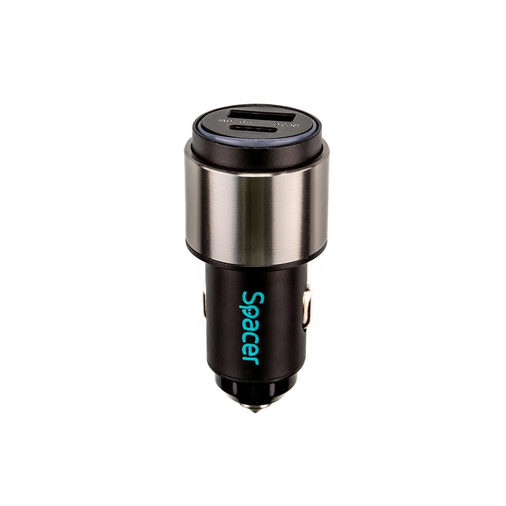 ALIMENTATOR auto SPACER QC si PD 38W total max, Quick Charge 18W & Power Delivery 20W, 38W total max., 1 x USB + 1 x USB Type-C, LED ambiental, pt. bricheta auto, black, "SPCC-DUOQ-38W" (timbru verde 0.18 lei)