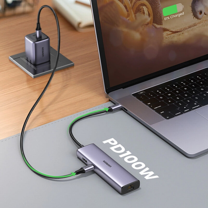 DOCKING Station Ugreen, "CM512" conectare PC USB Type-C, USB 3.0 x 2| RJ-45 Gigabit x 1|HDMI 4K x 1 la 30Hz|USB-C x 1 PD 100W, aluminiu, gri "90568" (timbru verde 0.8 lei) - 6957303895687 - imagine 5