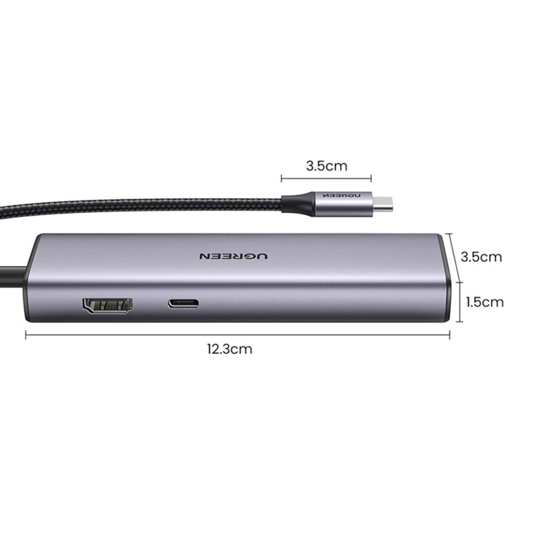 DOCKING Station Ugreen, "CM512" conectare PC USB Type-C, USB 3.0 x 2| RJ-45 Gigabit x 1|HDMI 4K x 1 la 30Hz|USB-C x 1 PD 100W, aluminiu, gri "90568" (timbru verde 0.8 lei) - 6957303895687 - imagine 2
