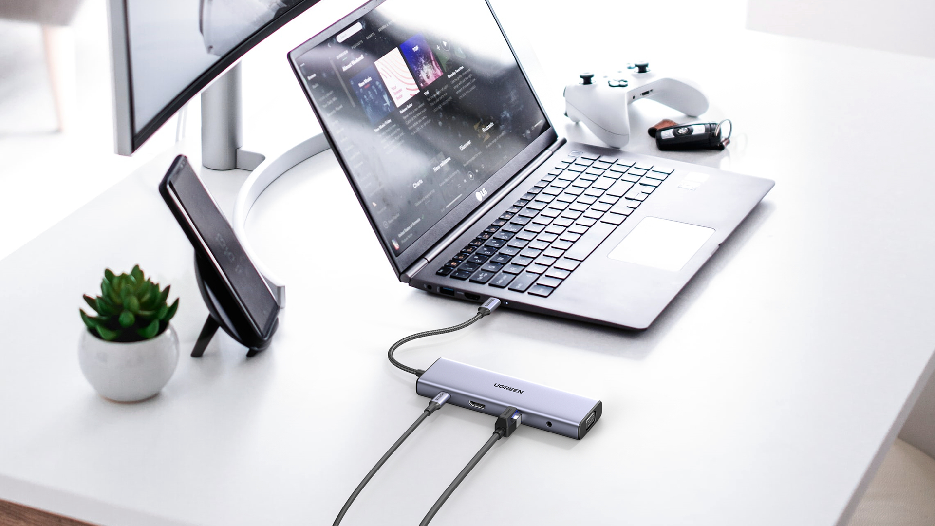 DOCKING Station Ugreen, "CM498" conec PC USB Type-C, HDMI(4K@30Hz), VGA, 3xUSB-A3.0, Gigabit RJ45, card reader SD/TF, jack 3.5mm, PD(100W), aluminiu, gri "15601" (timbru verde 0.8 lei) - imagine 2