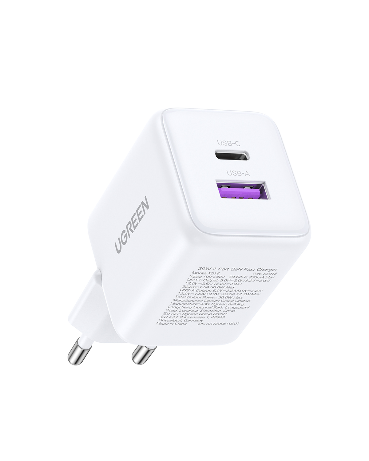 INCARCATOR retea Ugreen GaN "X516" Quick Charge 30W, 1 x USB Type-C, 1 x USB, alb "65015" (timbru verde 0.18 lei) - imagine 4
