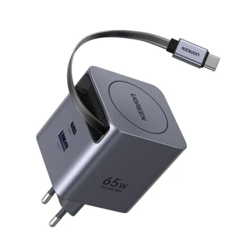 INCARCATOR retea Ugreen GaN „X615” Quick Charge 65W, 1 x USB Type-C, 1 x USB, 1 x cablu USB Type-C retractabil, alb „65825” (timbru verde 0.18 lei)