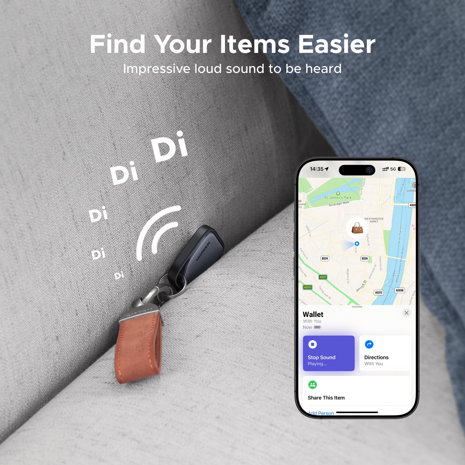 SMART TRACKER Ugreen "CM916", bluetooth 5, compatibil Android si IOS, baterie CR2032(nu este inclusa), gri "75646" (timbru verde 0.08 lei) - imagine 5