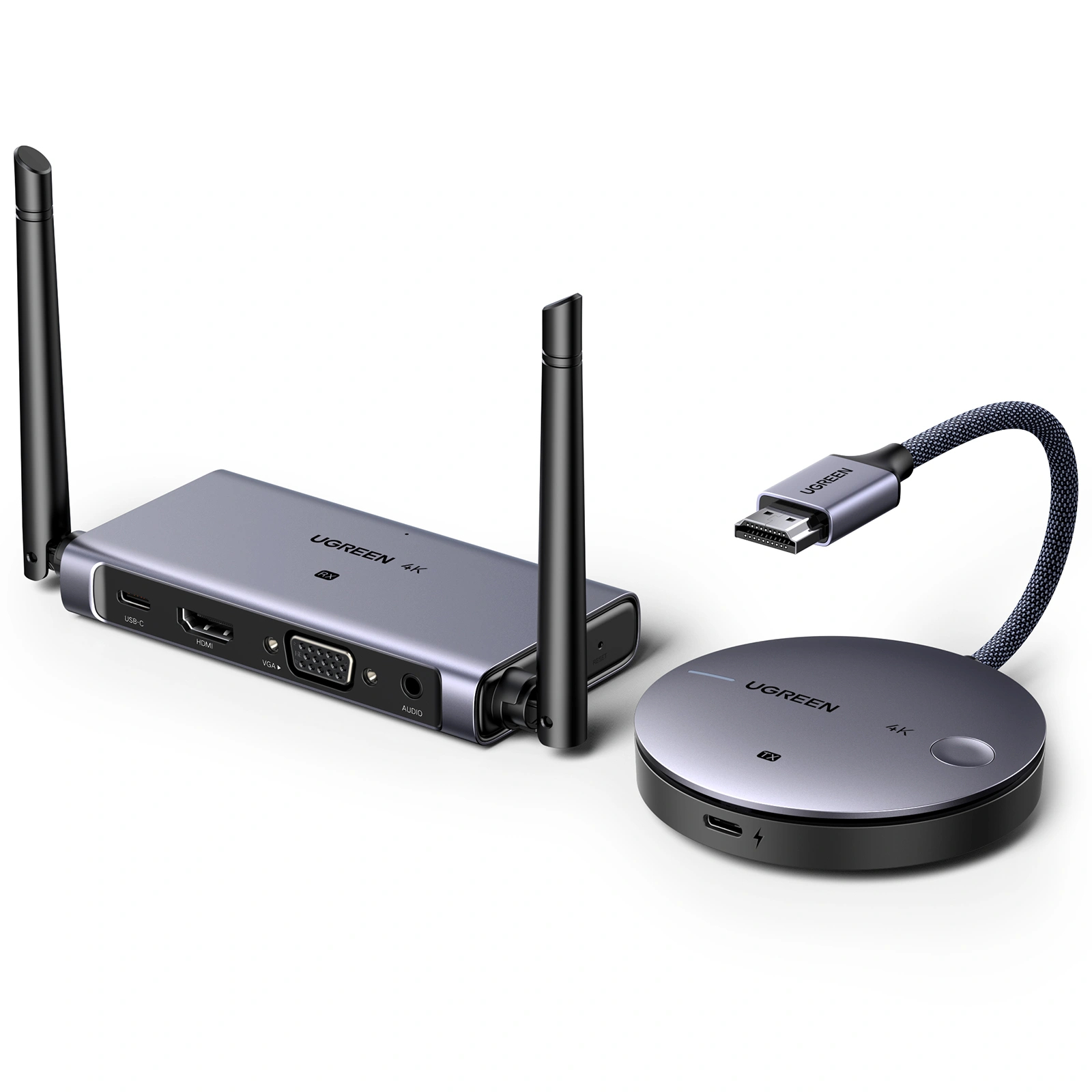 TRANSMITER SI RECEIVER wireless HDMI Ugreen, "CM586" transmiter 1 x HDMI (T), 1 x USB Type-C (M) si receiver 1x USB Type-C (M) 1 x HDMI (M) 1 x jack (M), 4K la 30Hz, raza actiune 50m, gri "90909A" (timbru verde 0.08 lei) - 6941876230228