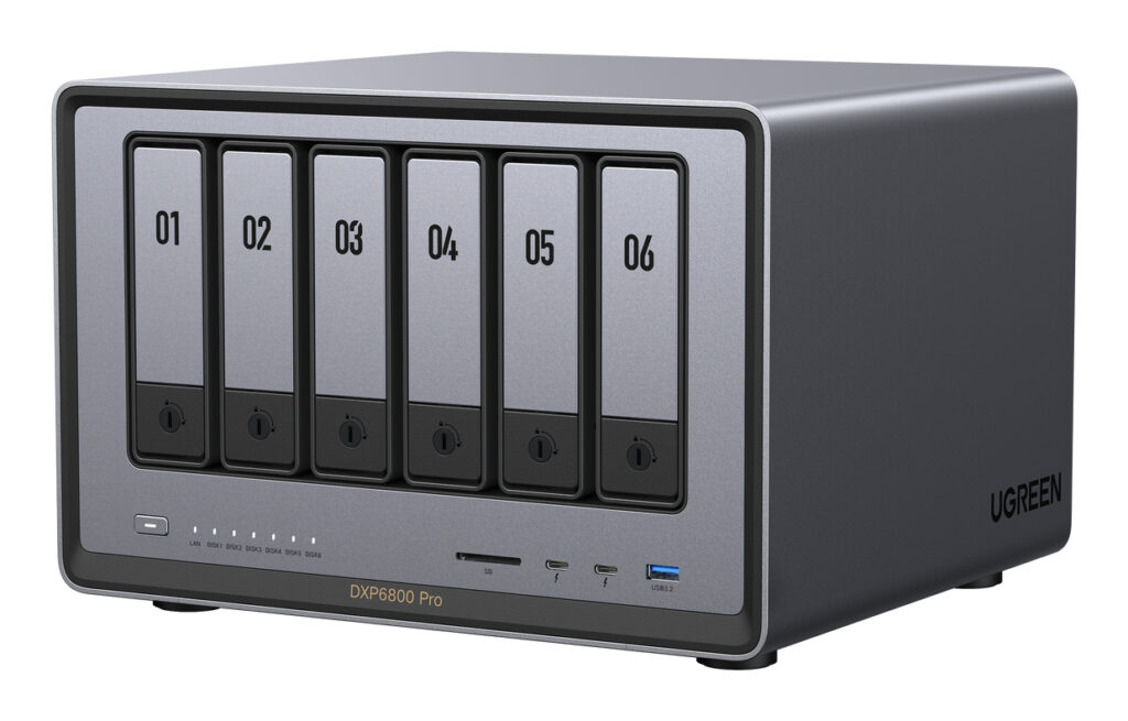 NAS Ugreen „DXP6800Pro”, CPU i5 4.40 GHz, RAM DDR5 8Gb max 64Gb, SATA 24Tx6 si M.2 8Tx2, LAN 10Gbx2, 2xThunderbolt4, 2xUSB3, HDMI 2.1 8K, card reader, „25899B” (timbru verde 7 lei) – 6941876267514